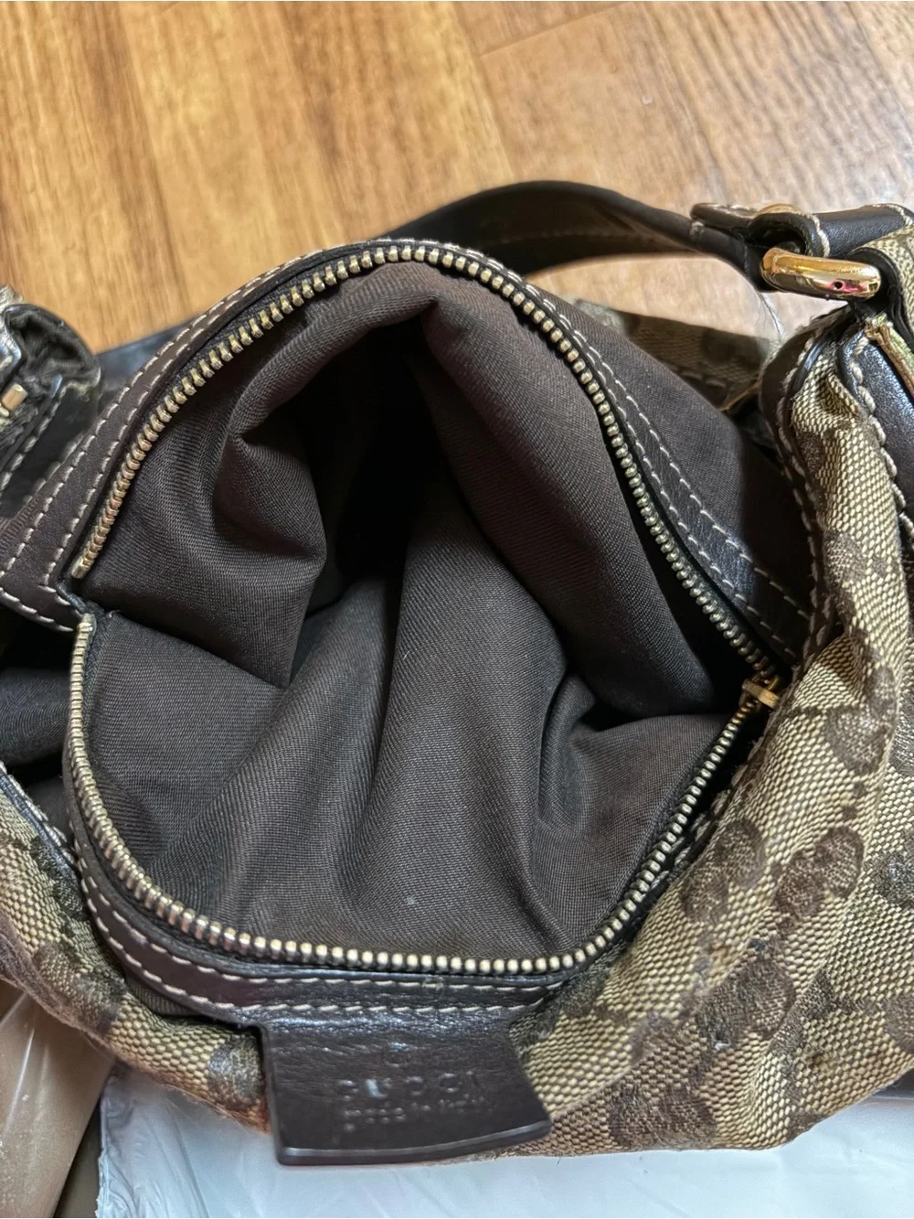 Gucci Brown GG Monogram Canvas Hobo with Dark Brown Leather Trim